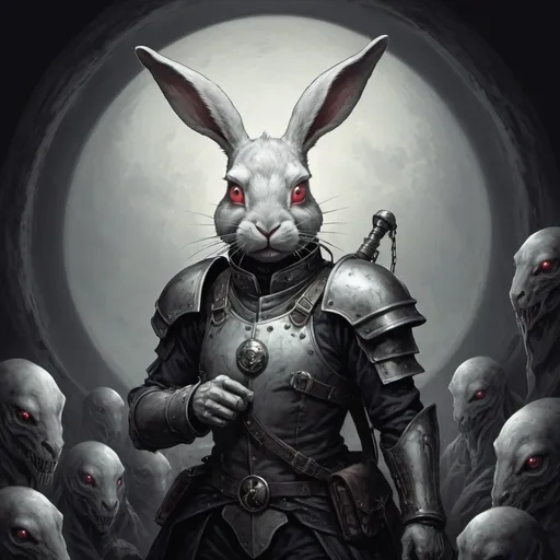 Prompt: Freaky Eyed Rabbit  Horsemen, Great Nightmare, Spare Sphere Hollow Morality, Grey Overtone