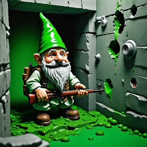 Prompt: Massive Leak, Hole in Wall, Tilted Tower, RPG Gnome Bass Hunter, Religion Stock Rating Picture (Green), This Demands Viewer's Full Attention, Green and Grey Colors Mixing