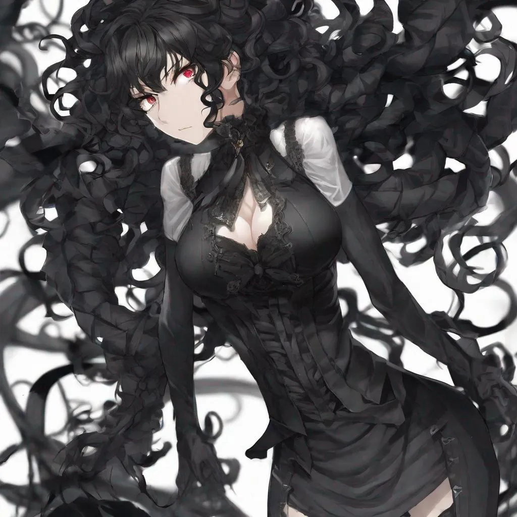 Prompt: Black_Hair, Twisted Curly Hair, Black_Leggings, V-Vest, Antares Woman of Fear, Great Authority in Hell, Anime