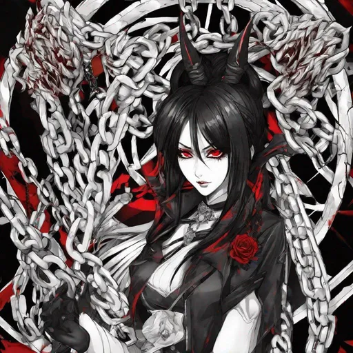 Prompt: Red_Arrangement, Nightmare Woman, Devil Fang, Black_Hair, Rebel of Satan, Fade-Slow, Professional Grade, TruEnemy Network 2d Anime, Chains of Envy, High Detail, by Umditi Erenn