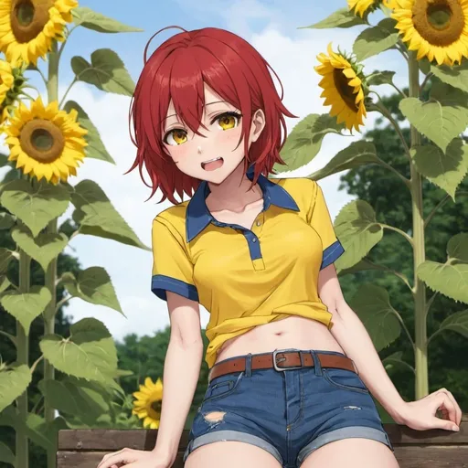 Prompt: Sunflower Red_Hair, Yellow Cut_lo(Shirt), Bottom Belly Blue Short Jeans, Airio Anime, Interjection 