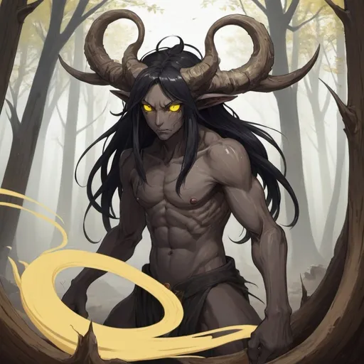 Prompt: Swirl Black_Hair, Faze Yellow_Eyes, Long_White Horns, Wood Root Troll Demon, Slick Crafty Anime Game