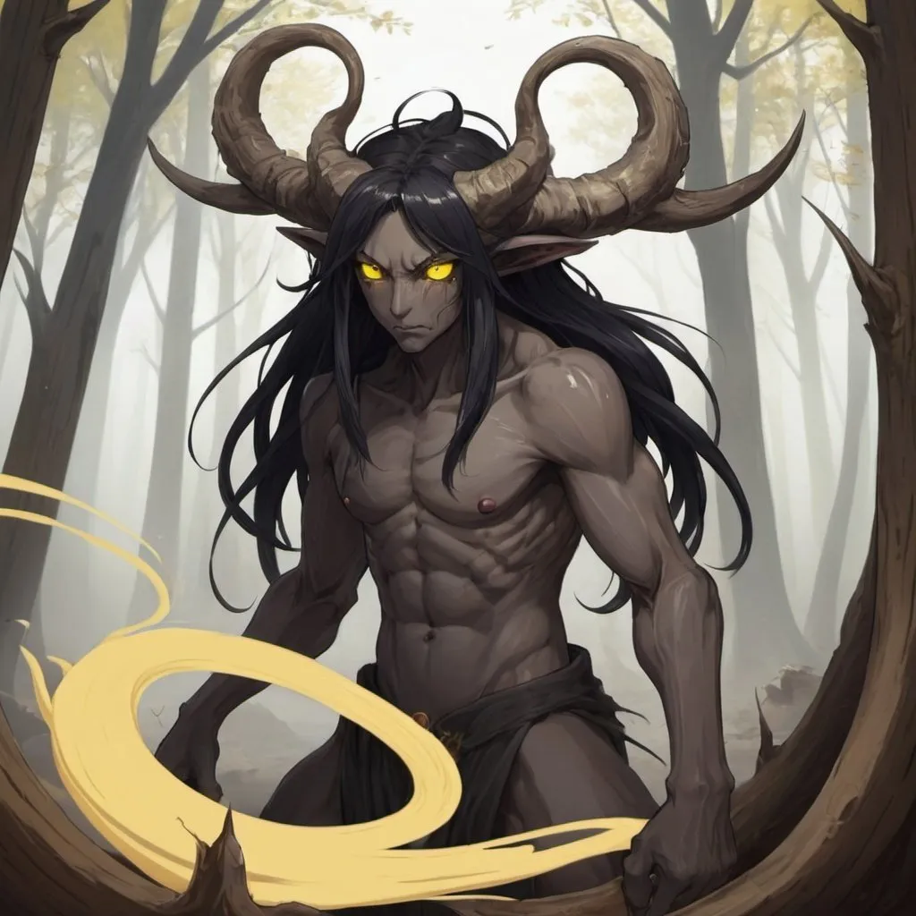 Prompt: Swirl Black_Hair, Faze Yellow_Eyes, Long_White Horns, Wood Root Troll Demon, Slick Crafty Anime Game