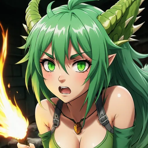 Prompt: Green_Hair, Puffy Dragon Girl, Drunk, Angry, Blind Warrior of 50 Legions of Demons, Anime, Focused on Destroying Dorodon, Ideal Collective Radiance