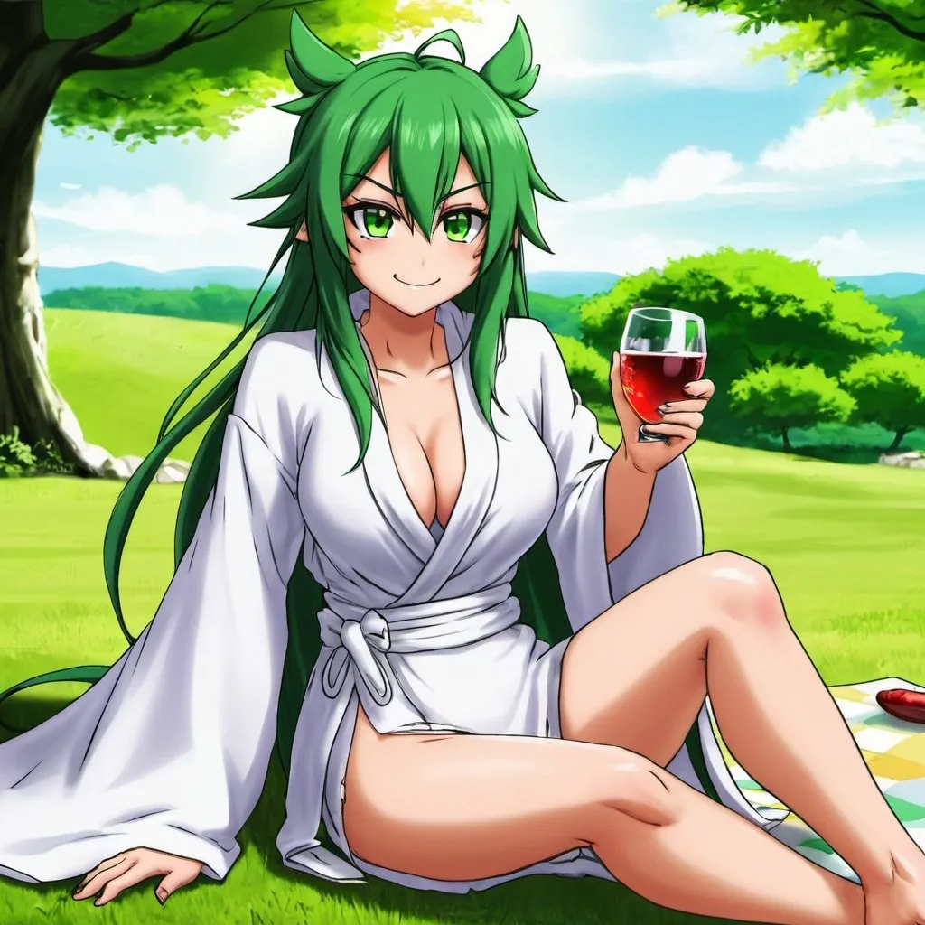 Prompt: Green_Hair, Puffy Dragon Girl, Drunk, Madness Extroverted, Confident, Soft-White_Robe, Blind Warrior of 50 Legions of Demons, Anime, Picnic Spring, Unsightly Moron