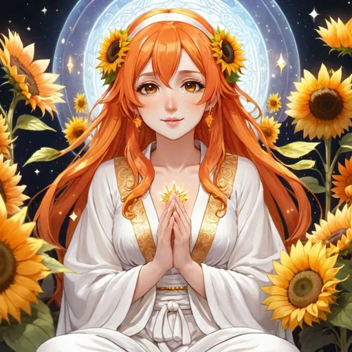 Prompt: Bright_Orange Hair, Festive White Robe, Anime, CoralFlower, Crystal Knows 2, Peaceful Sitting, Goddess of Sunflowers, Supreme Orferktor Distance