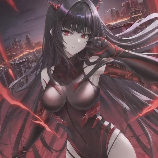 Prompt: Red_Eyes, Slim Fitting Gear, Black_Hair, Arothgorian Princess, Cool Energy, Cinematic View, All )e729(, Red Linings