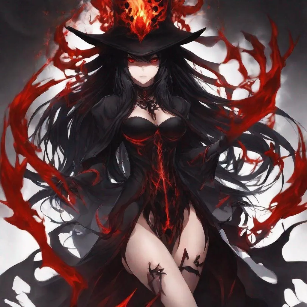 Prompt: Red Flame, Thigh_Highs, Cursed Energy, Black_Sludge, Revenge BeastMode, Evil Woman, Black_Hair, Witch of Complete Void, Anime