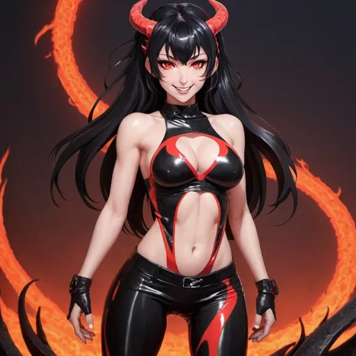 Prompt: Black_Hair, Coy Smile, RedMarked_Eyes, Sports-Fit, Flex-Latex Pants, Demonic Succubi, Lava, Lovely Stomach, Imprint of Humanity, Anime Showcase, True Passion