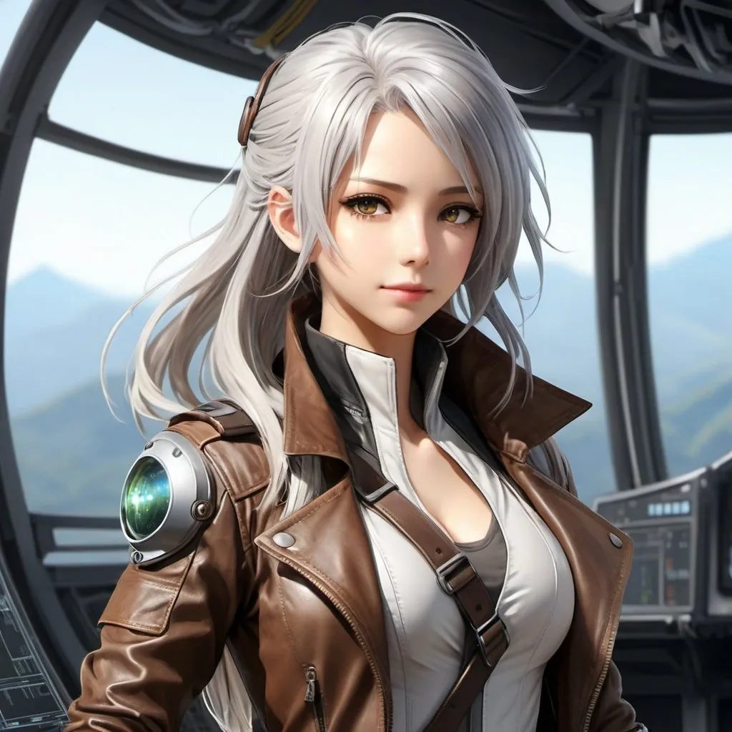 Prompt: Grey_Hair, Brown_Leather Aviator Gear, Lucid Tech Savant, A-14_90-02 Anime, Positive Enchantment, High Detail,