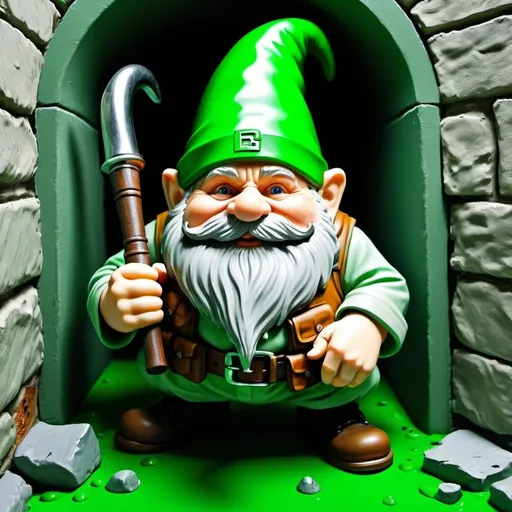 Prompt: Massive Leak, Hole in Wall, Tilted Tower, RPG Gnome Bass Hunter, Religion Stock Rating Picture (Green), This Demands Viewer's Full Attention, Green and Grey Colors Mixing