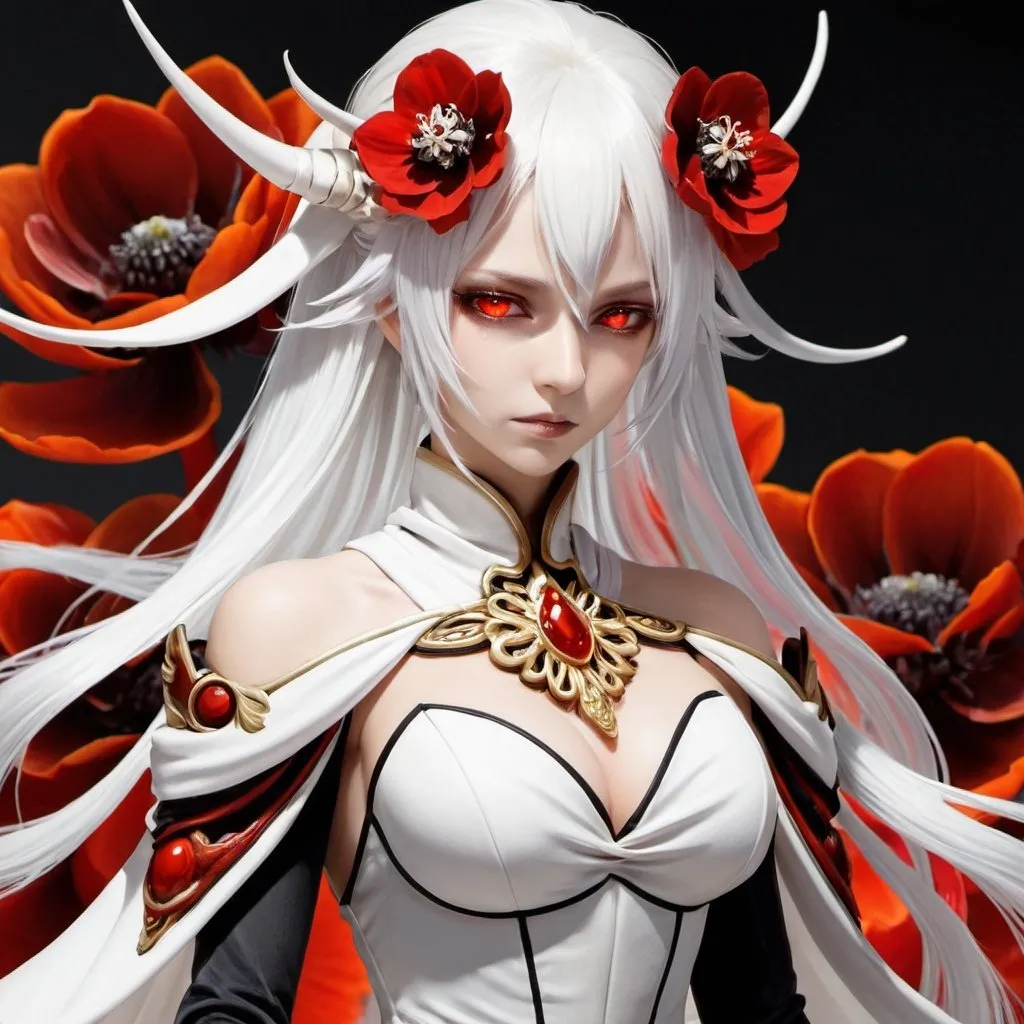 Prompt: Red_Eyes, White_Hair, Flower Hornet Dress, Suppressed Emotional State, Emperor Queen, Stoic, :I