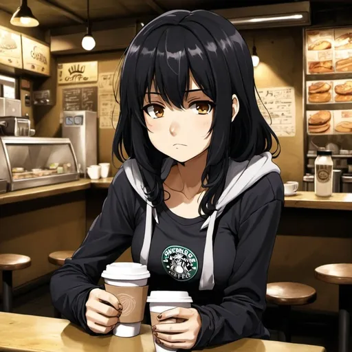 Prompt: Goomer, Shy, Black_Hair, Bland Coffee Shop Anime Girl, Dirty and Dingy, Sleepy Look, Bags_Under_Eyes, Black Underground