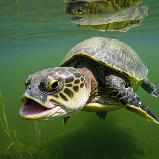 Prompt: Pond Weed, Wide-Mouth Bass, Turtles, Turtle, photo by Sam Gibson