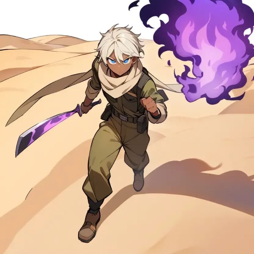 Prompt: Tan_Skin, Beige_Scarf Wrapped around neck, Sandy_White Hair, Blue_Eyes, Explorer Outfit, Male, Baggy_Brown Pants, Walking in Desert, Phantom Eyes, Duel Purple Fire Knifes 
