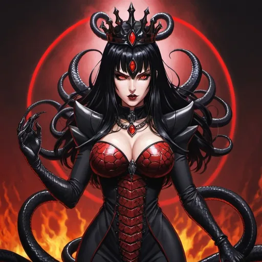 Prompt: Evil Majestic Satanic Queen, Jet_Black Hair, Anime, Red Snake Eyes, Viper Evil, True Malus Force Powers