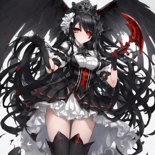 Prompt: Satanic High Priestess, Red_Eyes, Jet Black_Hair, Anime, Maid Ruffles, Imposing Dark Energy, Raw Power