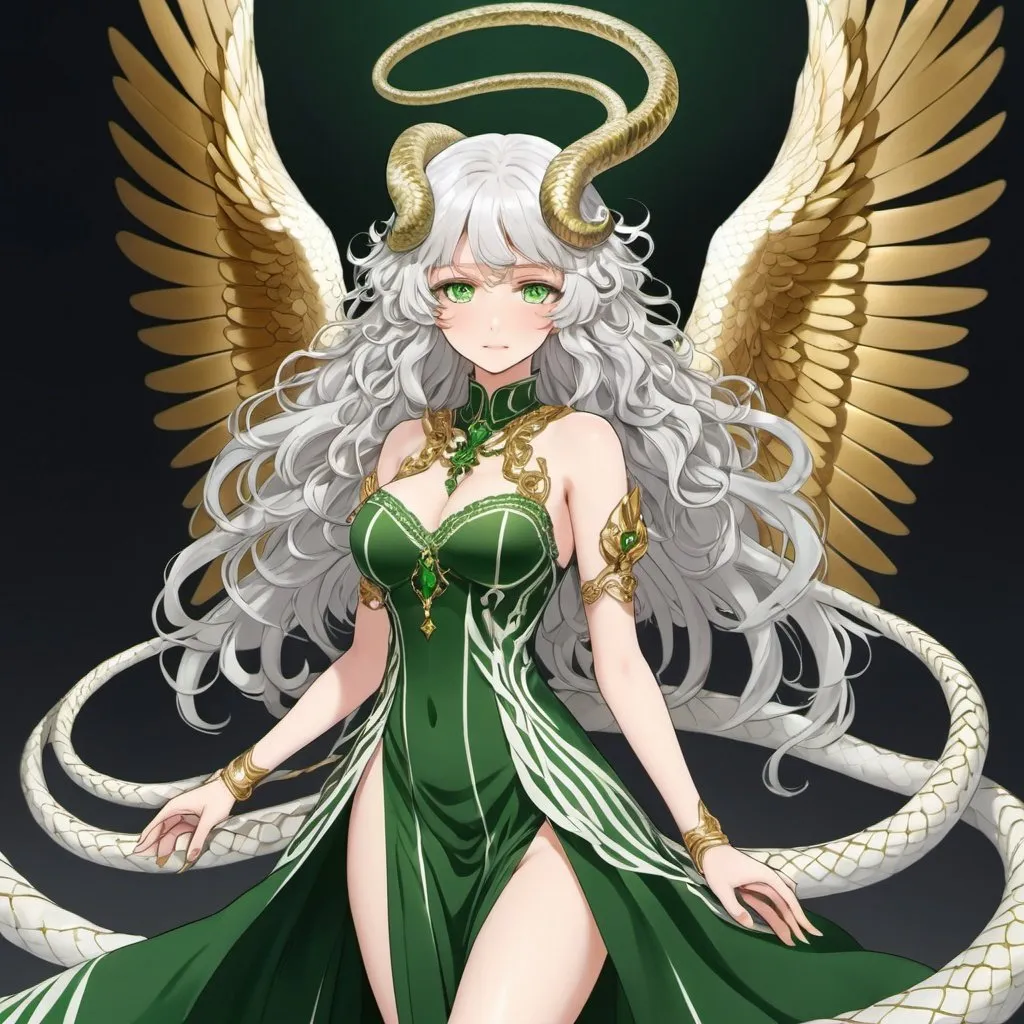 Prompt: Green_Eyes, White_Hair, Holy Women Archangel, Anime, Destroy Evil, Curly Grey Horns, Green Stripe Fringed Ice Dress, Supreme Gold Snake