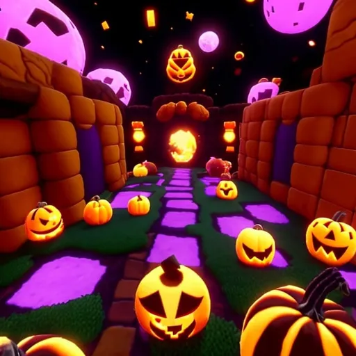 Prompt: Pumpkin Mario Stage, Purple Gravity ForceFlex, Amid-Orpher, tether Machine Labyrinth, Grimer