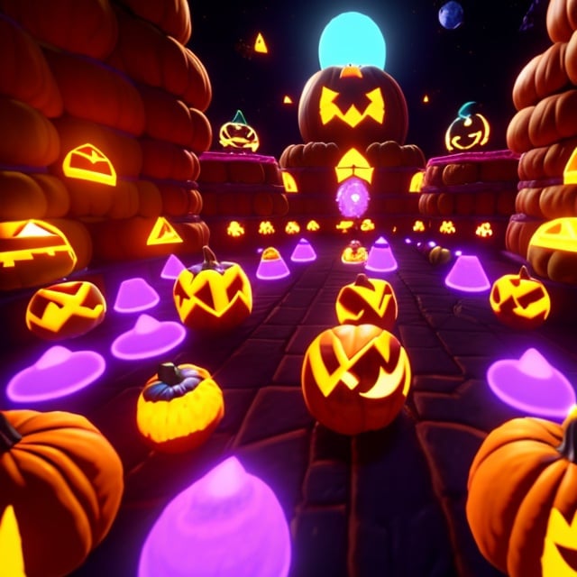 Prompt: Pumpkin Mario Stage, Purple Gravity ForceFlex, Amid-Orpher, tether Machine Labyrinth, Grimer