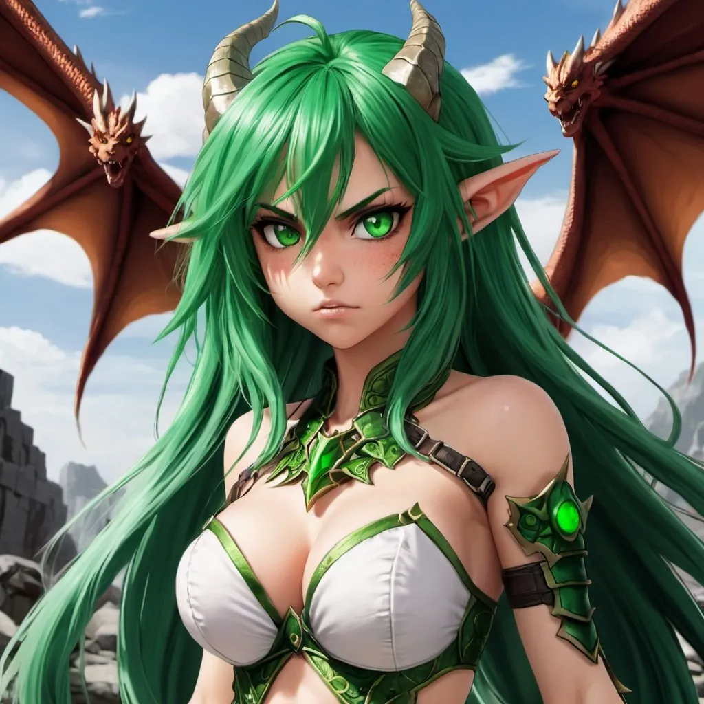 Prompt: Green_Hair, Puffy Dragon Girl, Drunk, Angry, Blind Warrior of 50 Legions of Demons, Anime, Focused on Destroying Dorodon, Ideal Collective Radiance