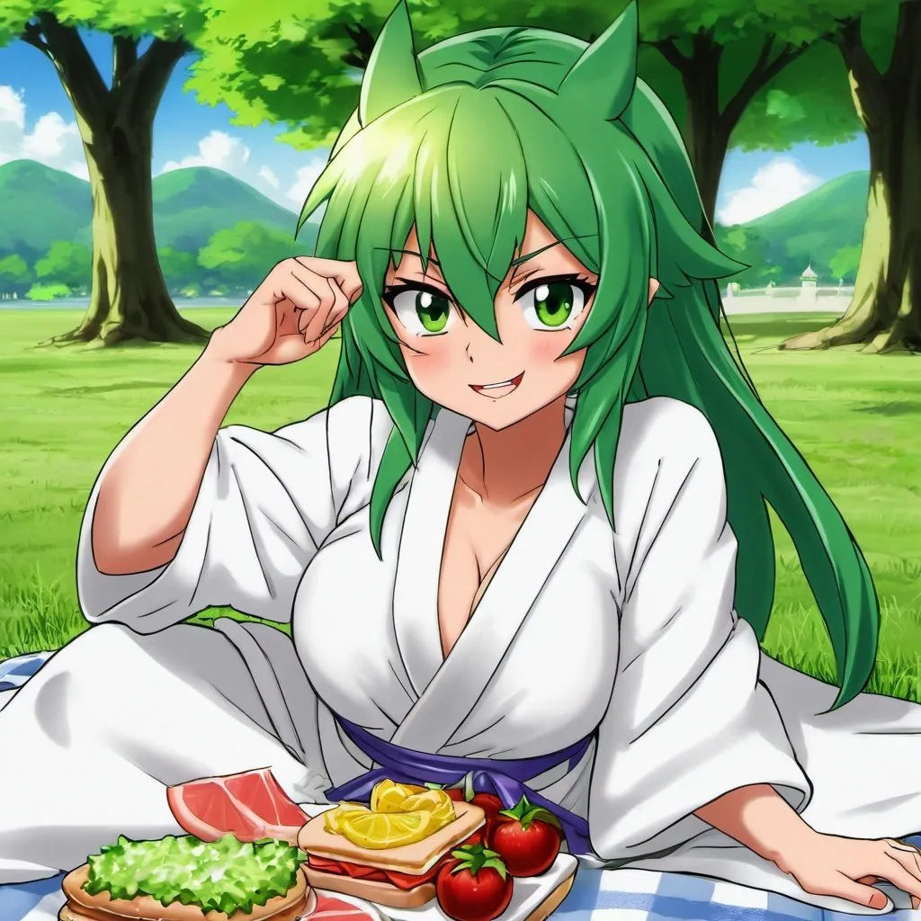 Prompt: Green_Hair, Puffy Dragon Girl, Drunk, Madness Extroverted, Confident, Soft-White_Robe, Blind Warrior of 50 Legions of Demons, Anime, Picnic Spring, Unsightly Moron