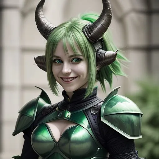 Prompt: Green_Hair, Green_Eyes, Four Green_Horns, Dragon Green_Scale Armor, solo, Cute Woman, Four Green_Horns, Smiling, Bubbly, Warrior, Feathery Shoulder Pads,