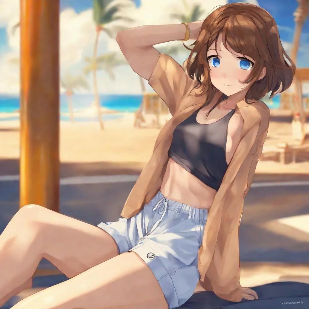 Prompt: Short-Wavy_Brown-Hair, Blue_Eyes, Gym-Shorts, Playa MothAnna, Lux-Gold, HighRes, Hot Day, Sitting CrossHaired, Winke