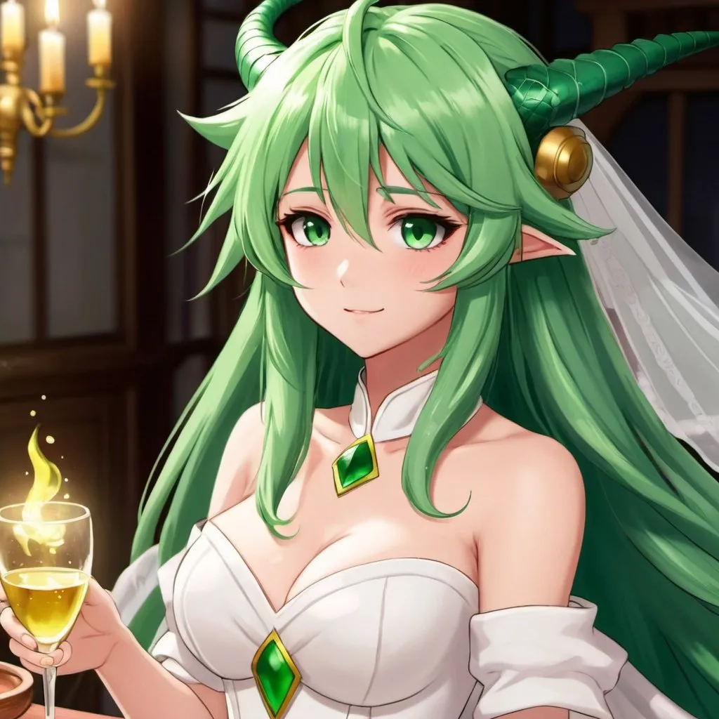 Prompt: Green_Hair, Puffy Dragon Girl, Drunk, Madness Extroverted, Soft Cute Gaze, Blind Warrior of 50 Legions of Demons, Anime, Deck out in Bridal Gear, Vesta Virgo