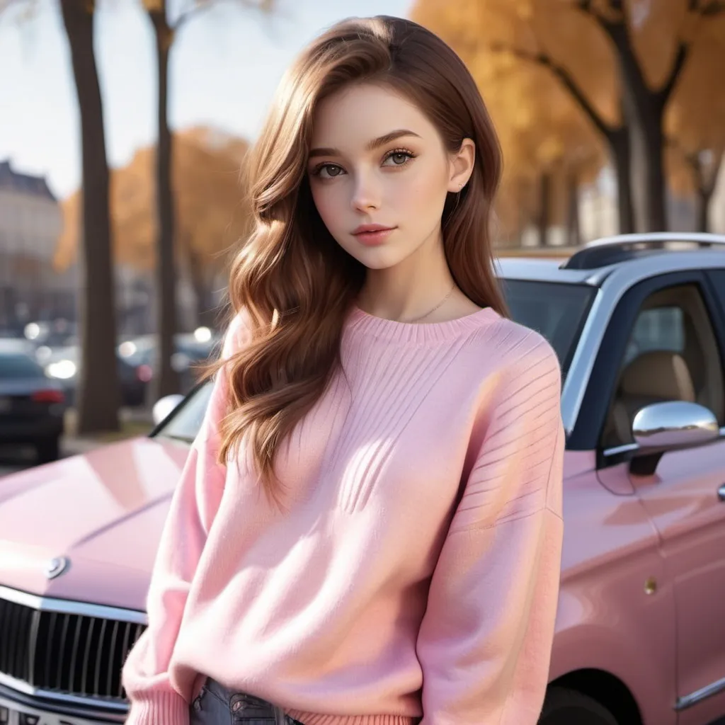 Prompt: Sunshine, Glammy, Pink Sweater, Brown_Hair, Chrome-Platted Luxury, H-Hozbo, Encase, Soft Wav.e 