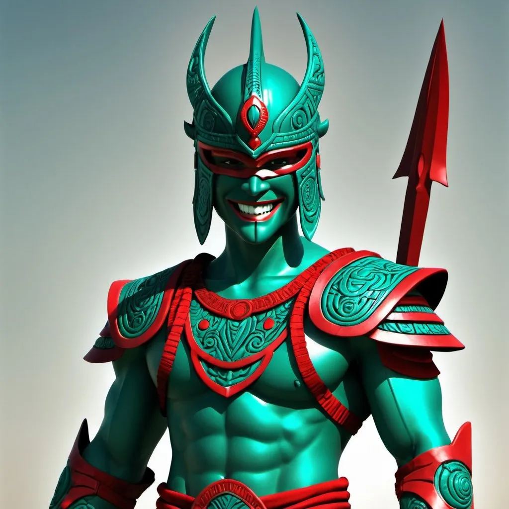 Prompt: Green Innerwear, Teal Armor, Slick Look, Red_Shades, Red_Sun Gleaming, Anime4Play, Grin of Masking, Tribal Warrior Unti