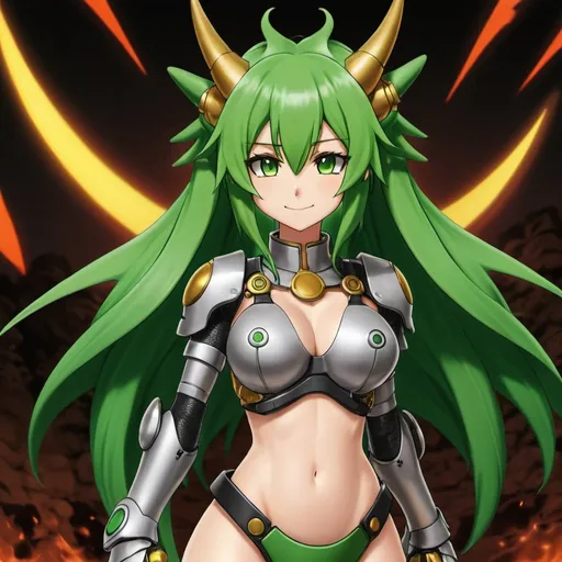 Prompt: Green_Hair, Puffy Dragon Girl, Drunk, Madness Extroverted, Silent Mastery, Blind Warrior of 50 Legions of Demons, Cyborg Retcon, Anime, Clay Iron Heat Mix, Gear, Expansion of Paradise Lost