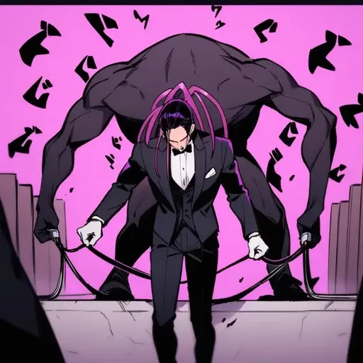 Prompt: purple_hair, tuxedo,  black_hair, strong skinny man, holding jumper cables over grave, menacing