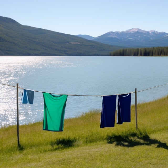 Prompt: Laundry Clothes in front of the lake