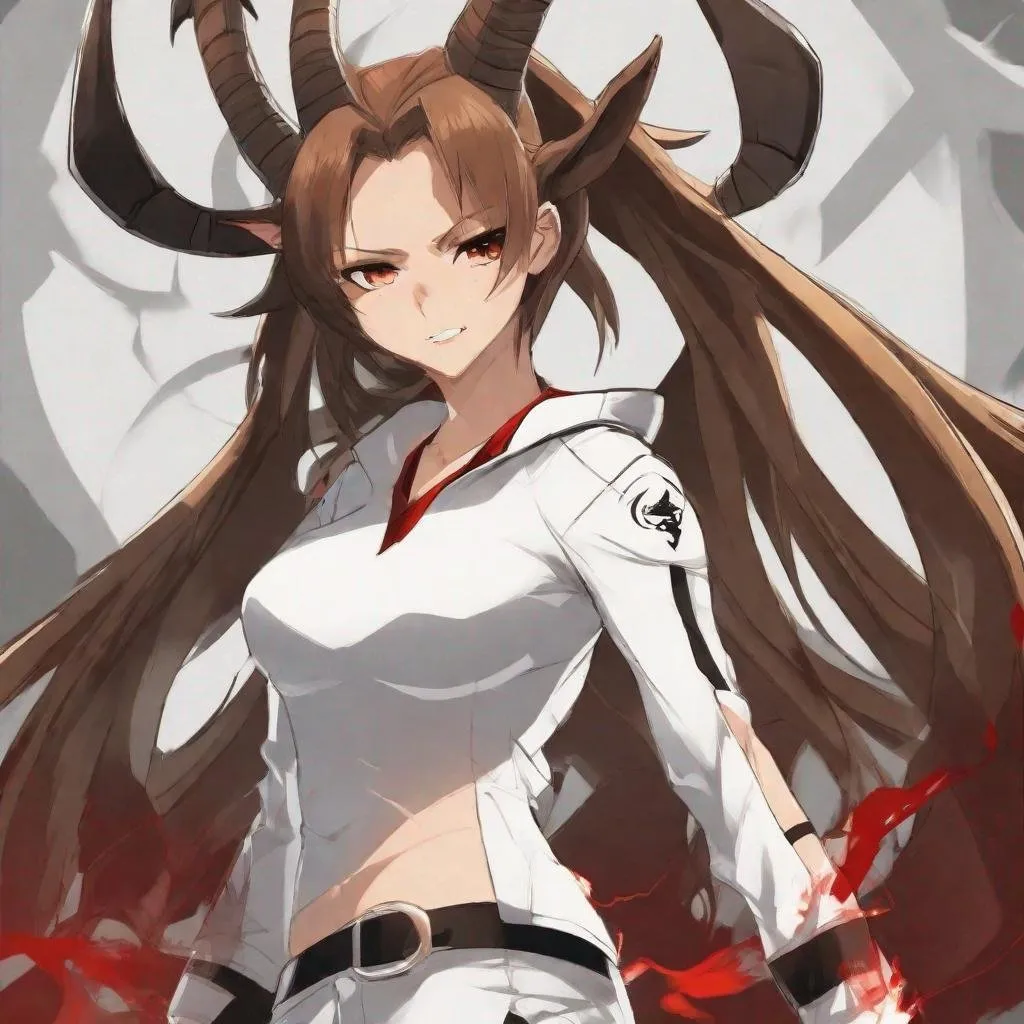 Prompt: Sporty, Brown_Hair, White-Top, Devil Power, Major Umbre-Satan Power, Horn Maka, Capricorn Goat, Woman, Anime