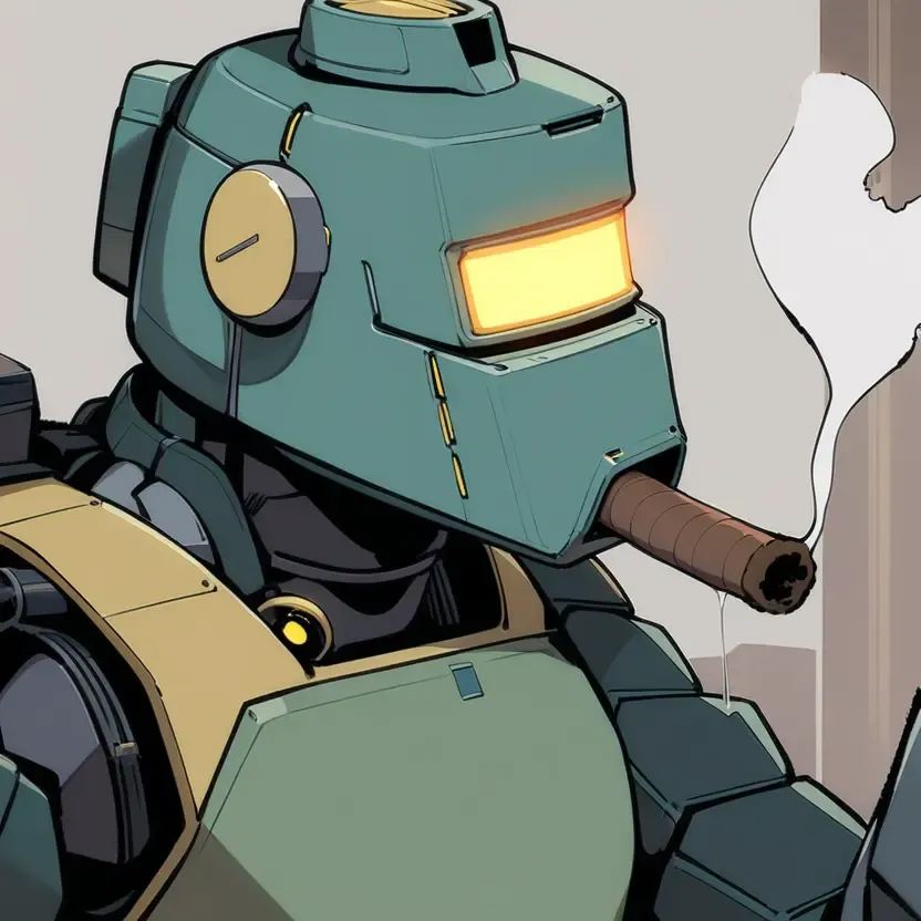 Prompt: Teal Grey robot, tanks robot, Yellow_Glowing Eyes smoking huge cigar, deary modern background, smoking cigar