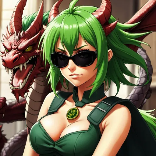 Prompt: Green_Hair, Puffy Dragon Girl, Drunk, Angry, Black Sunglasses, Blind Warrior of 50 Legions of Demons, Anime, Federal Agent Staff, Ideal Collective Radiance