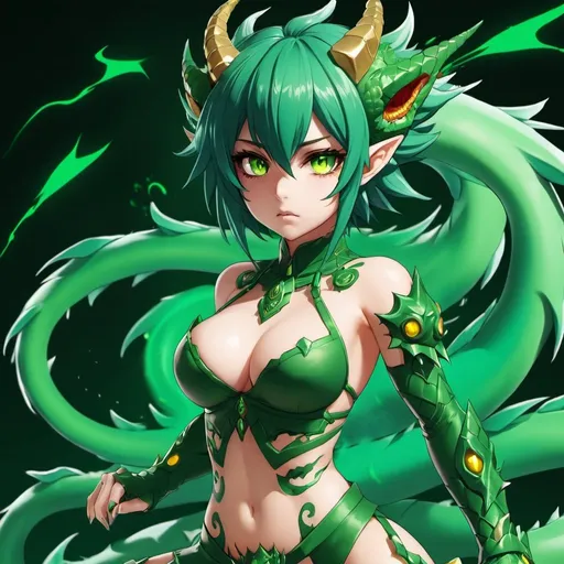 Prompt: Green_Hair, Puffy Dragon Girl, Drunk, Terrible Vast Powers, Blind Warrior of 50 Legions of Demons, Total Energy Clutch, Anime, Pure Monster Mode, Ideal Collective Radiance