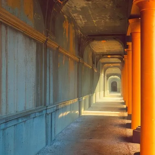 Prompt: Sweet Orange Bliss, Running Through The Passageway, Great Blue Ambience, Lucky Shot of Faded Greatness