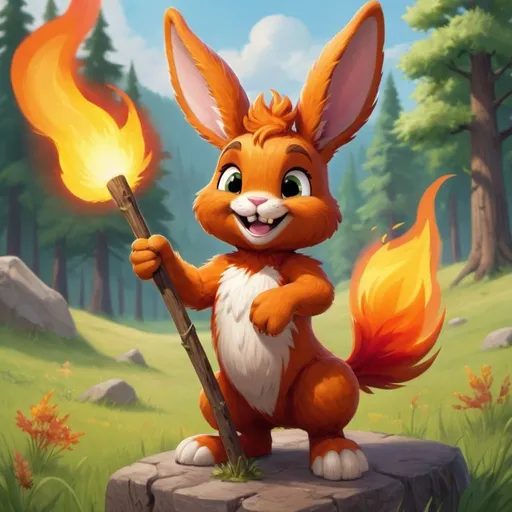 Prompt: In the center of a lush, green meadow, there stands Blaze, the Fire Rabbit, a creature of whimsy and flame. Blaze is a fluffy rabbit, slightly larger than average, with fur that shimmers like burning embers in the sunlight. His body is predominantly a warm, fiery orange hue, with patches of deep red and golden yellow, reminiscent of a crackling bonfire.

Blaze sits upright on his hind legs, his posture exuding confidence and mischief. His eyes are bright and mischievous, twinkling with a playful gleam. His ears, long and pointed, stand tall, as if they're eager to catch the next joke. From his twitching nose to the tip of his fluffy tail, Blaze radiates an aura of lightheartedness and joy.

Surrounding Blaze are wisps of flickering flames, dancing gracefully around him but never touching his fur. These flames add a dynamic element to the scene, as if Blaze is the master of fire itself, controlling it with his boundless energy and humor.

Blaze holds a wooden staff in one paw, topped with a miniature fireball that seems to bob and weave in the air above him, mirroring his jovial demeanor. On the staff, there are carvings of laughing faces and whimsical symbols, hinting at Blaze's love for spreading joy and laughter wherever he goes.

In the background, rolling hills and tall trees create a picturesque setting, bathed in warm sunlight. Birds chirp melodiously, and a gentle breeze rustles the leaves, adding to the serene ambiance of the scene.

Blaze wears a mischievous grin, as if he's about to crack a joke or unleash a witty pun at any moment. His humor is infectious, and even the most stoic of creatures can't help but chuckle in his presence.