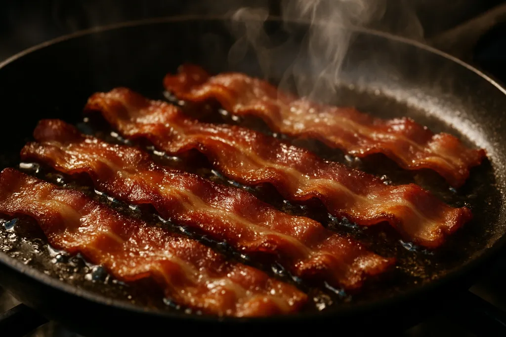 Prompt: hot juicy bacon, cooking bacon over stove, steamy tasty high definition