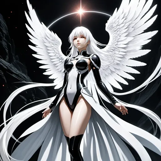 Prompt: Cascading Holy Angel, White_Hair, Future Black Void Chaos, Artpurity, Anime, Fantastic View, Blinding Light