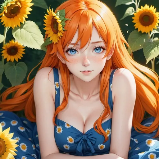 Prompt: Orange_Hair, Blue_Eyes, Freckles, Sunflower Dress, Resting Festive Nature Balance Anime, Lucky Fortune, Articulate