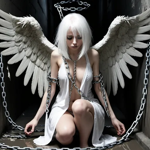 Prompt: White_Hair, :0, Angel in Chain, Torn Robe, Fearful, Tormented, Shaken Hope, Dangling Legs, Prison, Beaten and Hurt, Broken Angle Wings, Sewer, Ambient Drone
