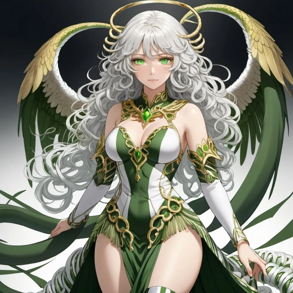 Prompt: Green_Eyes, White_Hair, Holy Women Archangel, Anime, Destroy Evil, Curly Grey Horns, Green Stripe Fringed Ice Dress, Supreme Gold Snake