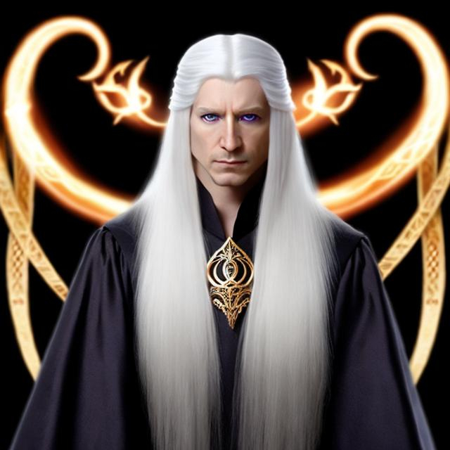 Prompt: Long White Hair, Warlock, Beaded Power, King of Illusion of Providence, Son of Higgamatal, Judgement of Freedom