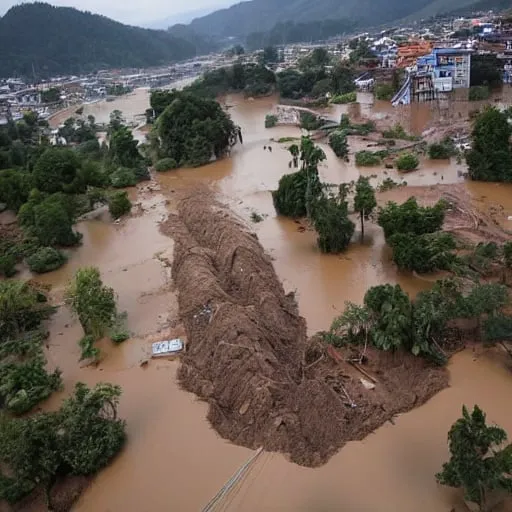 Prompt: Massive Mudslide Destroying Big Urban Area, Brown Water, Tall Structures Falling, Massive Loss, National Tragedy, 