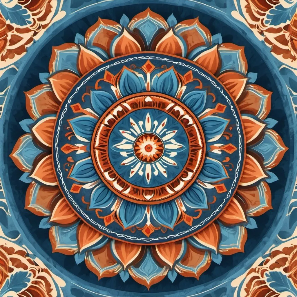 Prompt: Timeless, Warm Colors, Blue, Arizona-Mexican style Mandala, Dyssotropic