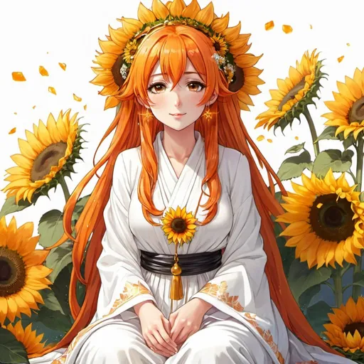 Prompt: Bright_Orange Hair, Festive White Robe, Anime, CoralFlower, Crystal Knows 2, Peaceful Sitting, Goddess of Sunflowers, Supreme Orferktor Distance