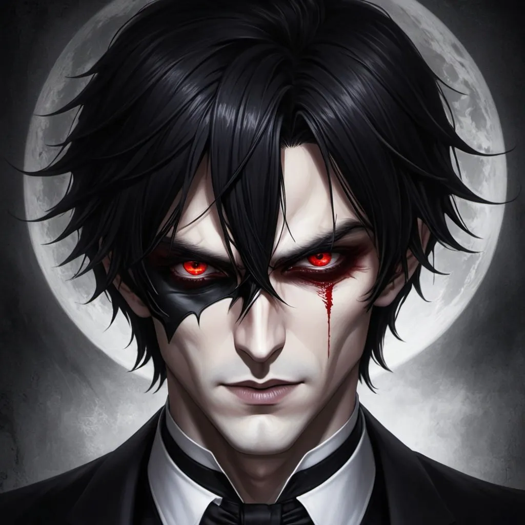 Prompt: Red_Eyes, Short Waxy_Black Hair, Vampire Bloodline, Butler of Satanic Degree 29, Sinistea Regime Jnixo